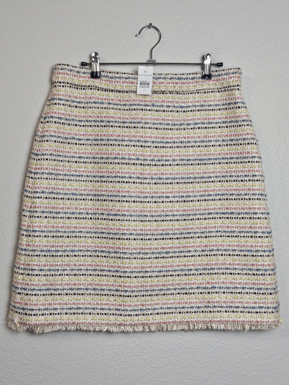 Ann Taylor Shimmer Tweed Fringe Pastel Striped Pencil Skirt Size 8